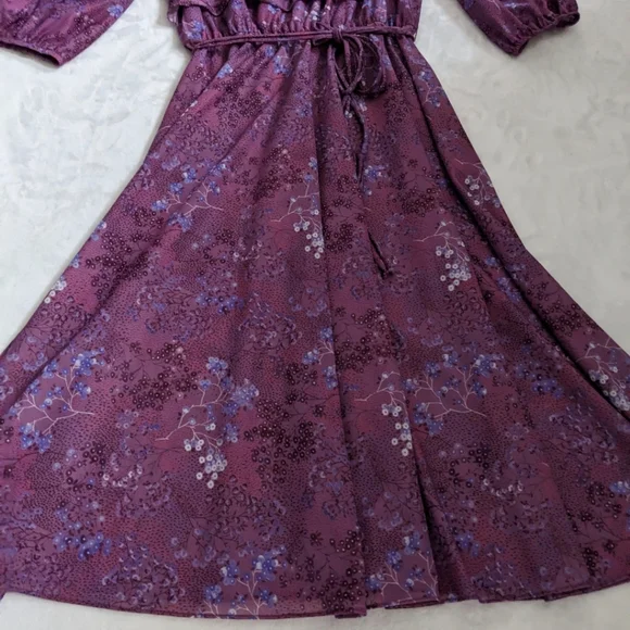 Vintage 70's Purple Flowy Floral Bib Cottage Core Midi Amy-Deb Dress Made in USA - Picture 15 of 16